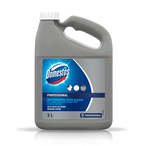 Unilever Domestos Professional Multi-Purpose Thick Bleach in a 3 litre container. Sold by SR Amenities Hotel and Spa Supplies.