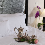 Top quality pure combed cotton percale 300 thread count pillow case in white with oxford baroque trim. Sold by SR Amenities Hotel and Spa Supplies at www.sramenities.co.za