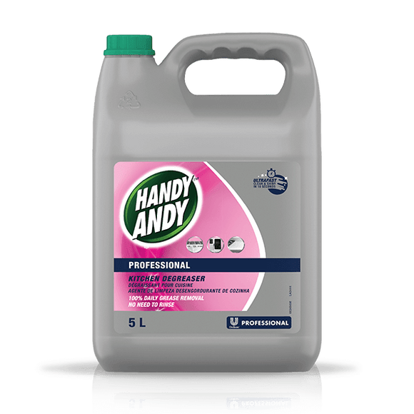 Unilever Domestos Professional Handy Andy Professional Kitchen Degreaser in a 5 litre container. Sold by SR Amenities Hotel and Spa Supplies.