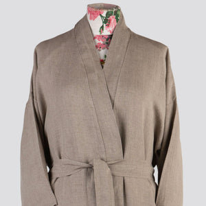 Linen Drawer Pure Natural Linen Bathrobe with three quarter sleeves. Sold by SR Amenities Hotel and Spa Supplies at www.sramenities.co.za