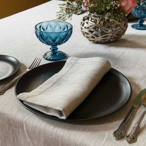 Luxury pure linen fabric tablecloth with hemstitch in natural linen colour. Sold by SR Amenities Hotel and Spa Supplies.