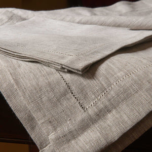 Luxury pure linen fabric serviettes in natural linen colour with hemstitch. Sold by SR Amenities Hotel & Spa Supplies.