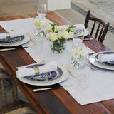 Purest white table runner made from 100% Ramie fabric finished with hemstitch. Sold by SR Amenities Hotel & Spa Supplies.