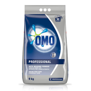 Unilever Omo Professional Auto Washing Powder in a 9 kilogram bag. Sold by SR Amenities Hotel and Spa Supplies.