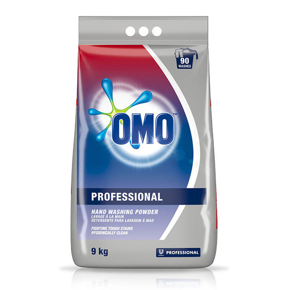 Unilever Omo Professional Hand Washing Powder in a 9 kilogram bag. Sold by SR Amenities Hotel and Spa Supplies.