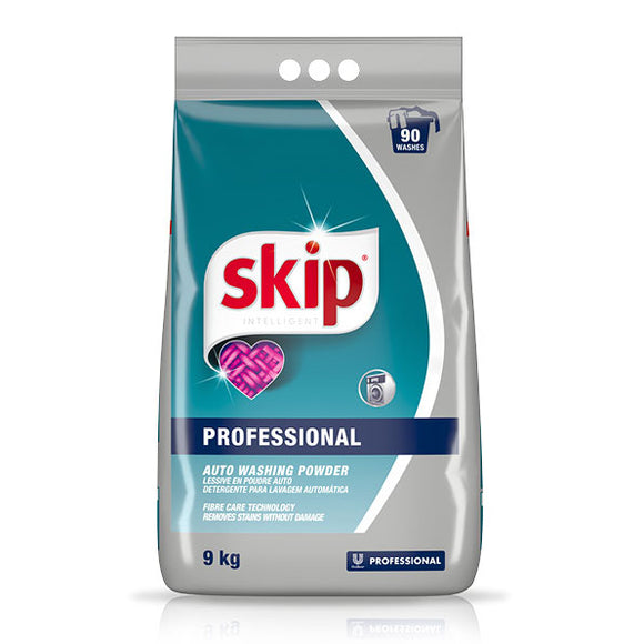 Unilever Skip Professional Auto Washing Powder in a 9 kilogram bag. Sold by SR Amenities Hotel and Spa Supplies.