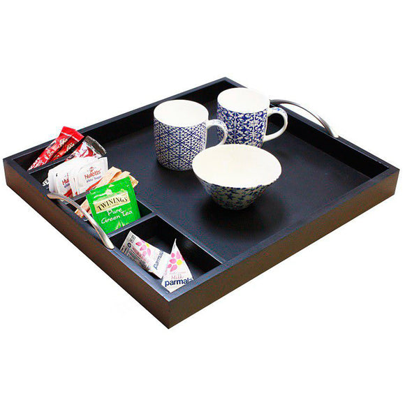 Wooden tea caddy and tray with 6 compartments for the hospitality industry in darkwood. Sold by SR Amenities Hotel and Spa Supplies at www.sramenities.co.za