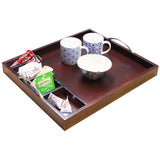 Wooden tea caddy and tray with 6 compartments for the hospitality industry in mahogany. Sold by SR Amenities Hotel and Spa Supplies at www.sramenities.co.za