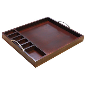 Wooden tea caddy and tray with 6 compartments for the hospitality industry in darkwood. Sold by SR Amenities Hotel and Spa Supplies at www.sramenities.co.za