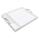 Wooden tea caddy and tray with 6 compartments for the hospitality industry in white. Sold by SR Amenities Hotel and Spa Supplies at www.sramenities.co.za