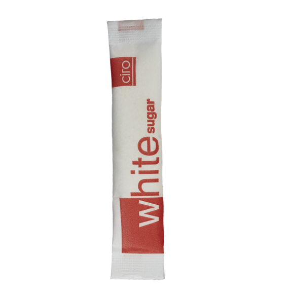 White sugar packed in 4.5g Ciro-branded tubes. Each tube is equivalent to 1 teaspoon of sugar. Pack size: 1000 x 4.5 grams Sold by SR Amenities Hotel and Spa Supplies. www.sramenities.co.za