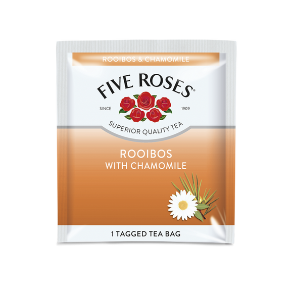 Five Roses Rooibos & Chamomile Teabag with tag in a sealed envelope. Pack size: 60 x 1.5 grams. Sold by SR Amenities Hotel and Spa Supplies. www.sramenities.co.za