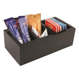 Wooden tea caddy with three separate compartments for the hospitality industry in darkwood with assortment of tea and coffee on display. Sold by SR Amenities Hotel and Spa Supplies at www.sramenities.co.za