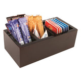 Wooden tea caddy with three separate compartments for the hospitality industry in mahogany with assortment of tea and coffee on display. Sold by SR Amenities Hotel and Spa Supplies at www.sramenities.co.za