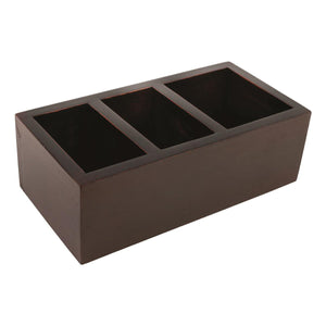 Wooden tea caddy with three separate compartments for the hospitality industry in white with assortment of tea and coffee on display. Sold by SR Amenities Hotel and Spa Supplies at www.sramenities.co.za