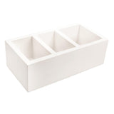 Wooden tea caddy with three separate compartments for the hospitality industry in white. Sold by SR Amenities Hotel and Spa Supplies at www.sramenities.co.za