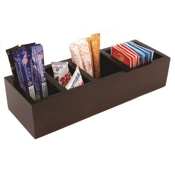 Tea caddy for the hospitality industry. Features four separate compartments for tea, coffee, milk and rusks. Made from Wood in colour Mahogany. Sold by SR Amenities Hotel and Spa Supplies at www.sramenities.co.za