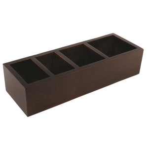 Tea caddy for the hospitality industry. Features four separate compartments for tea, coffee, milk and rusks. Made from Wood in colour Mahogany. Sold by SR Amenities Hotel and Spa Supplies at www.sramenities.co.za