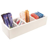 Tea caddy for the hospitality industry. Features four separate compartments for tea, coffee, milk and rusks. Made from Wood in colour white. Sold by SR Amenities Hotel and Spa Supplies at www.sramenities.co.za