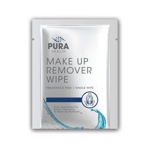 Front of PURA Health gentle, hydrating alcohol and fragrance free makeup remover single wipe in sachet. Gently removes makeup and cleanses skin without leaving a residue. Sold by SR Amenities Hotel and Spa Supplies. www.sramenities.co.za