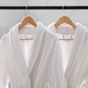 White 450gsm cotton towelling bathrobe for hotel and spa industry. Shop at SR Amenities, www.sramenities.co.za